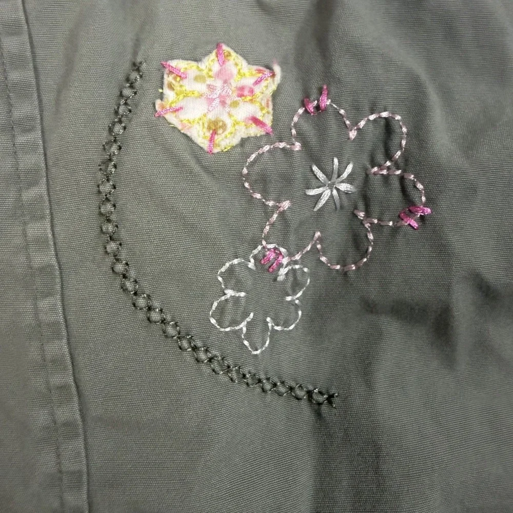 Toddler Girls Olive Green Floral Embroidered Utility Field Jacket Size 24M